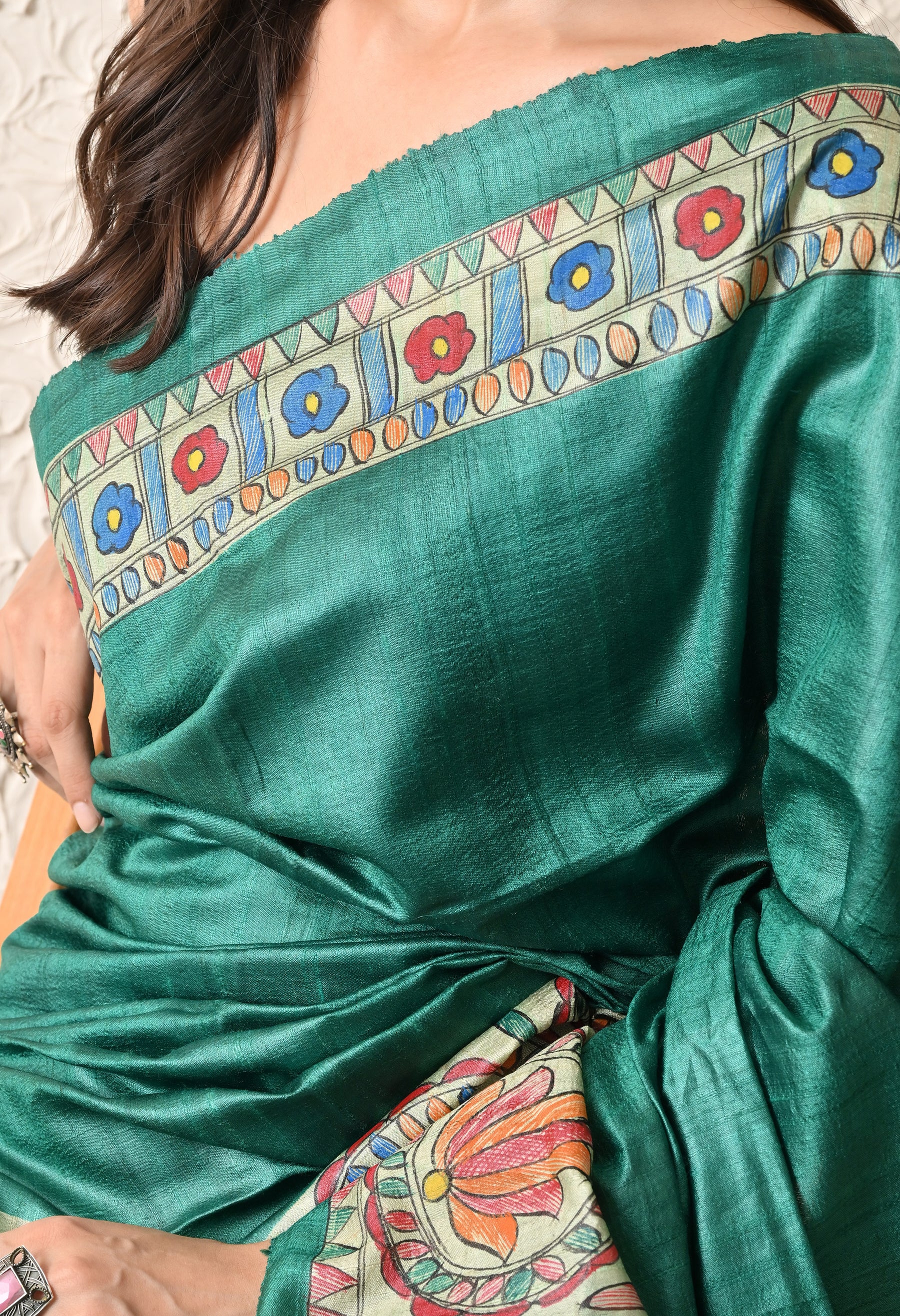 Pure Tussar Silk Madhubani Hand-Painted Saree – Peacock Mandala Heritage Edition