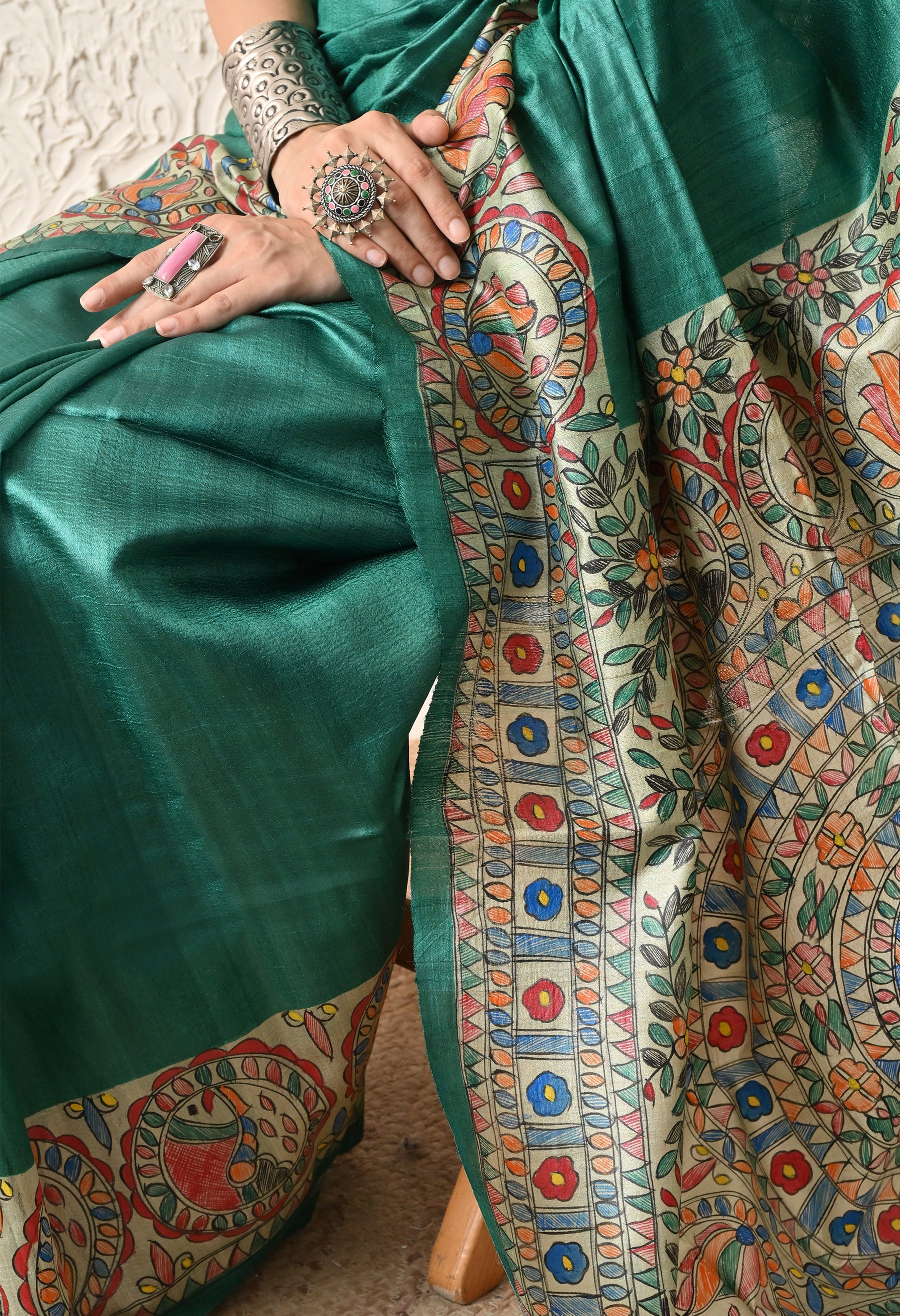 Pure Tussar Silk Madhubani Hand-Painted Saree – Peacock Mandala Heritage Edition