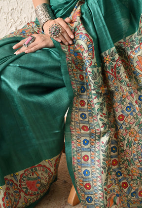 Pure Tussar Silk Madhubani Hand-Painted Saree – Peacock Mandala Heritage Edition