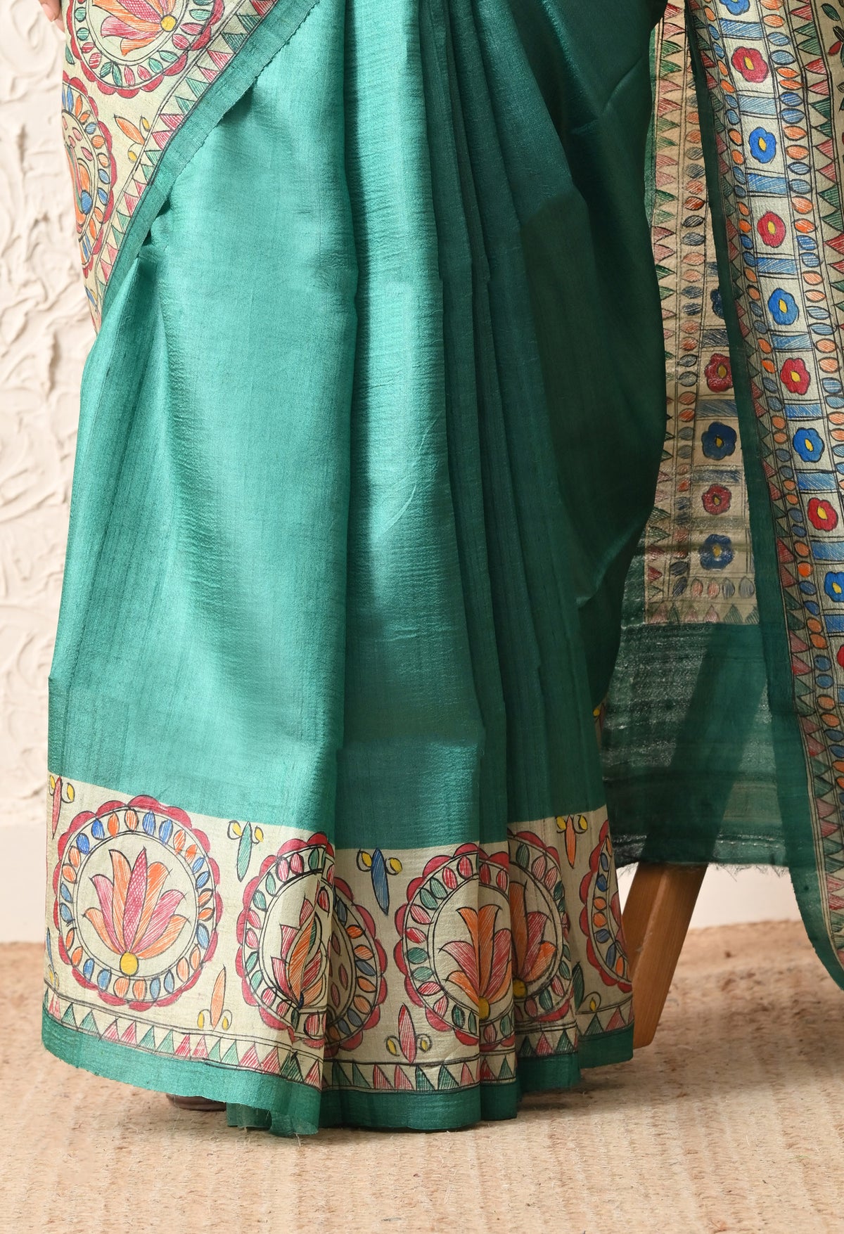 Pure Tussar Silk Madhubani Hand-Painted Saree – Peacock Mandala Heritage Edition