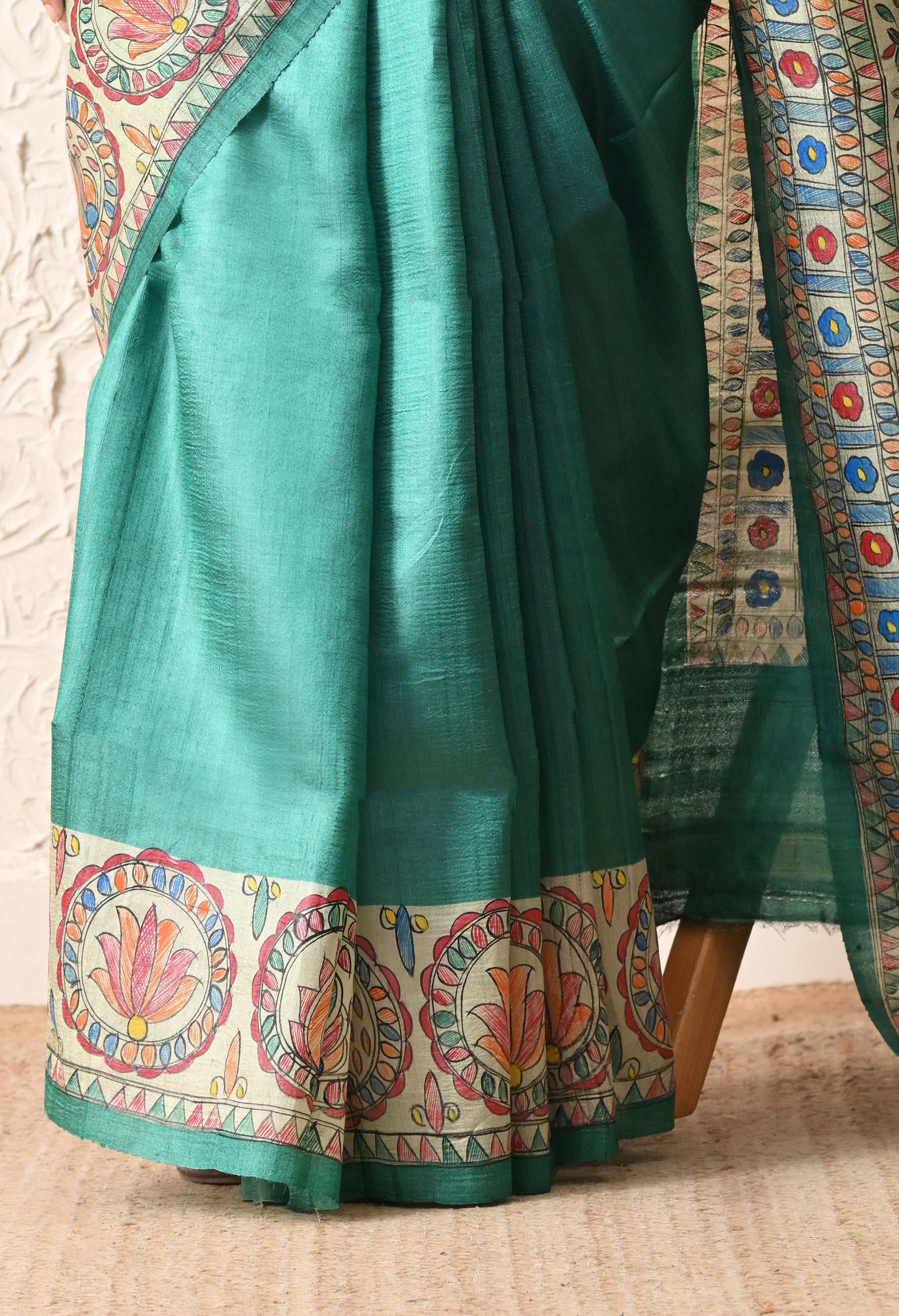 Pure Tussar Silk Madhubani Hand-Painted Saree – Peacock Mandala Heritage Edition