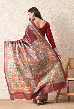 Pure Tussar Silk Madhubani Hand-Painted Saree