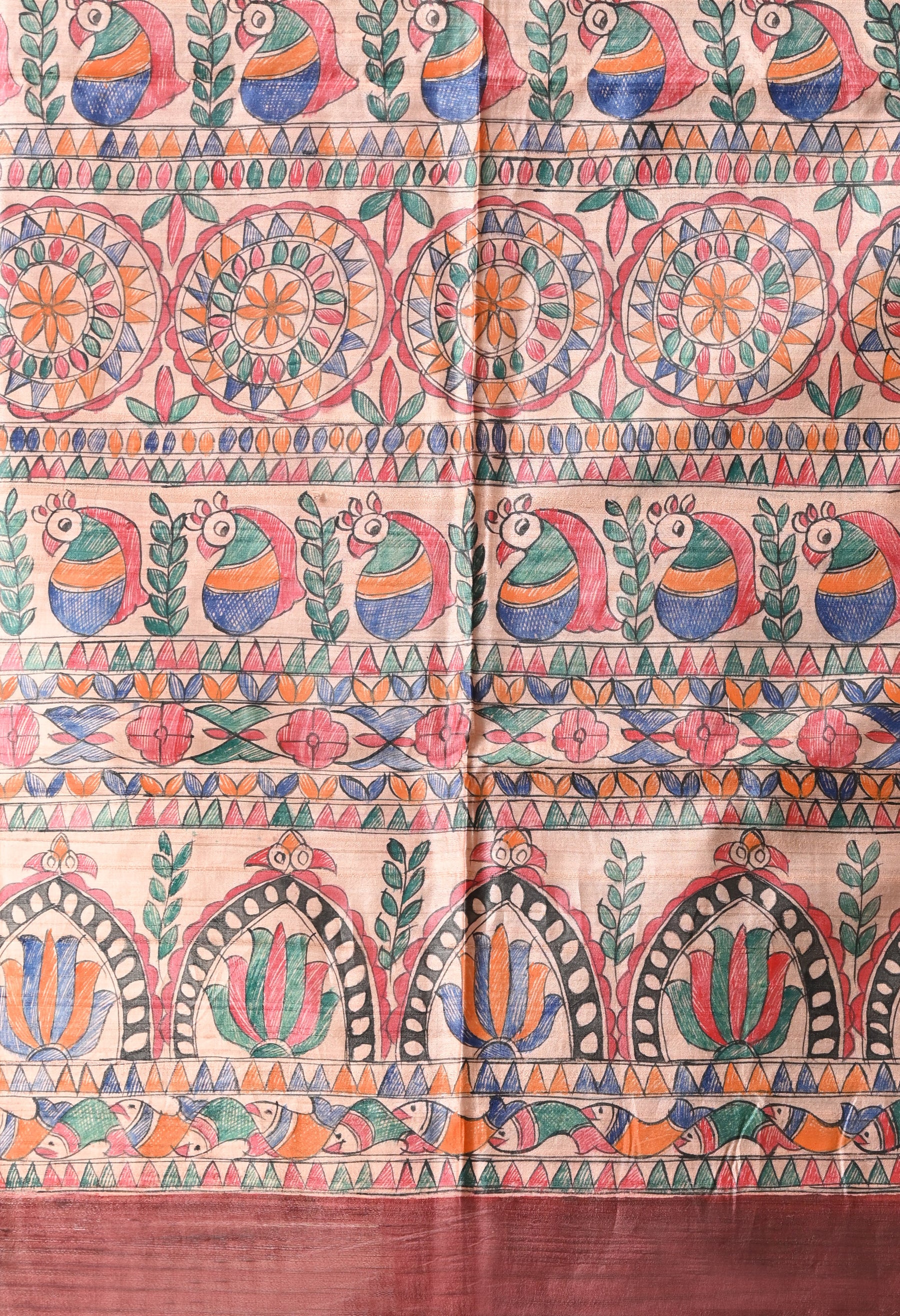 Pure Tussar Silk Madhubani Hand-Painted Saree – Maroon Folk Heritage Edition