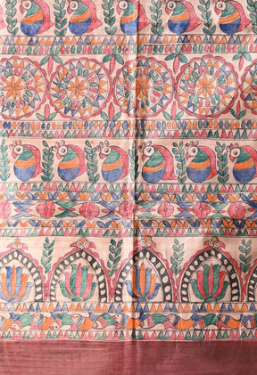 Pure Tussar Silk Madhubani Hand-Painted Saree – Maroon Folk Heritage Edition