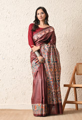 Pure Tussar Silk Madhubani Hand-Painted Saree – Maroon Folk Heritage Edition