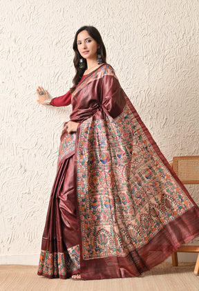 Pure Tussar Silk Madhubani Hand-Painted Saree – Maroon Folk Heritage Edition