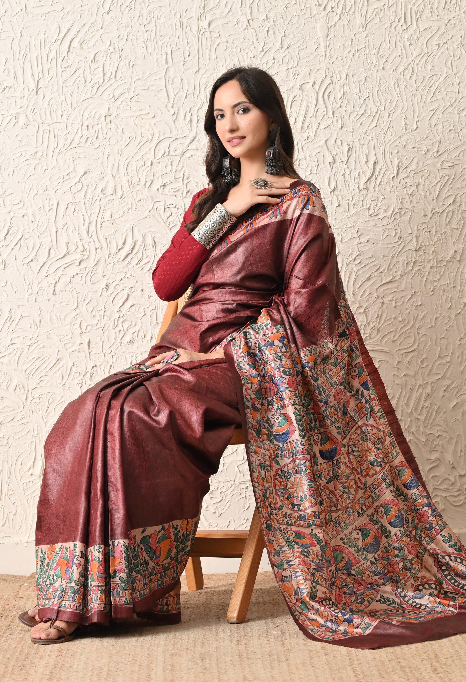 Pure Tussar Silk Madhubani Hand-Painted Saree – Maroon Folk Heritage Edition