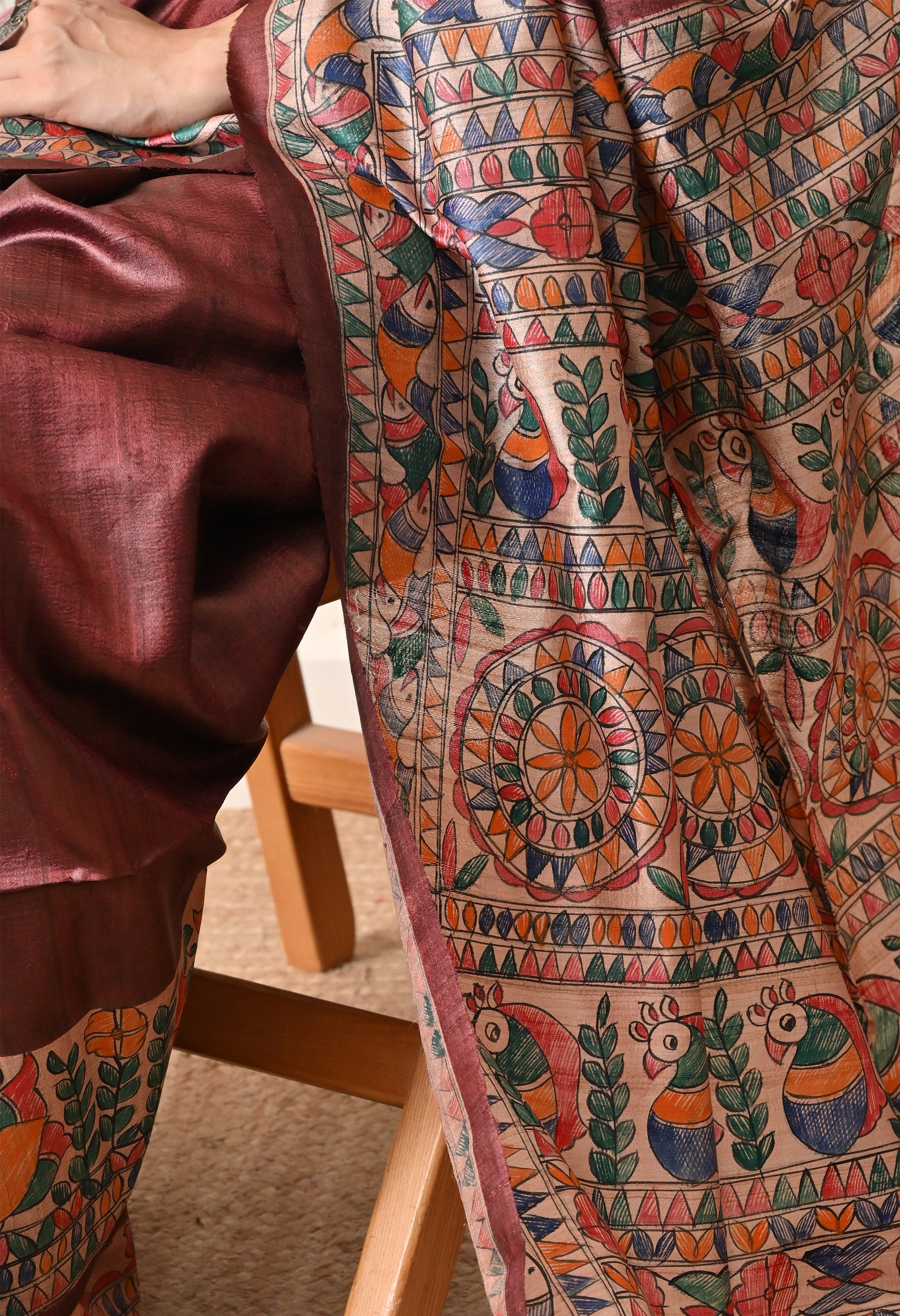 Pure Tussar Silk Madhubani Hand-Painted Saree – Maroon Folk Heritage Edition