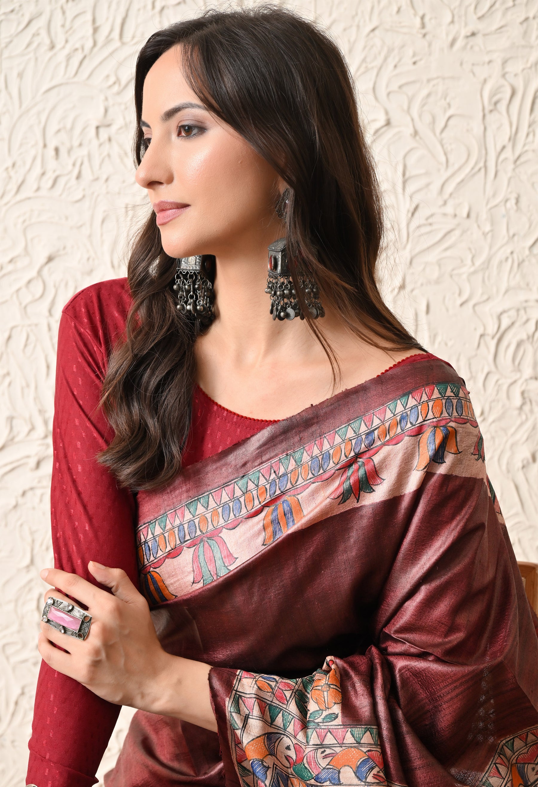 Pure Tussar Silk Madhubani Hand-Painted Saree – Maroon Folk Heritage Edition