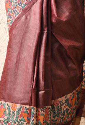 Pure Tussar Silk Madhubani Hand-Painted Saree – Maroon Folk Heritage Edition