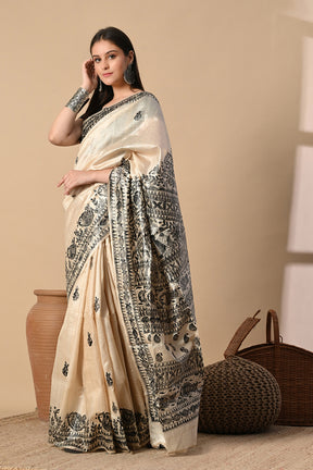 Natural Color Desi Silki Fish Motif  Madhubani HandPainted Saree