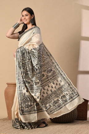 Natural Color Desi Silki Fish Motif  Madhubani HandPainted Saree
