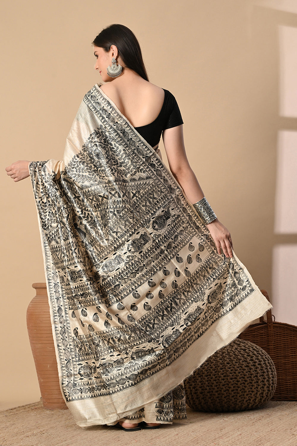 Natural Color Desi Silki Fish Motif  Madhubani HandPainted Saree