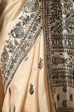 Natural Color Desi Silki Fish Motif  Madhubani HandPainted Saree