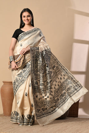 Natural Color Desi Silki Fish Motif  Madhubani HandPainted Saree