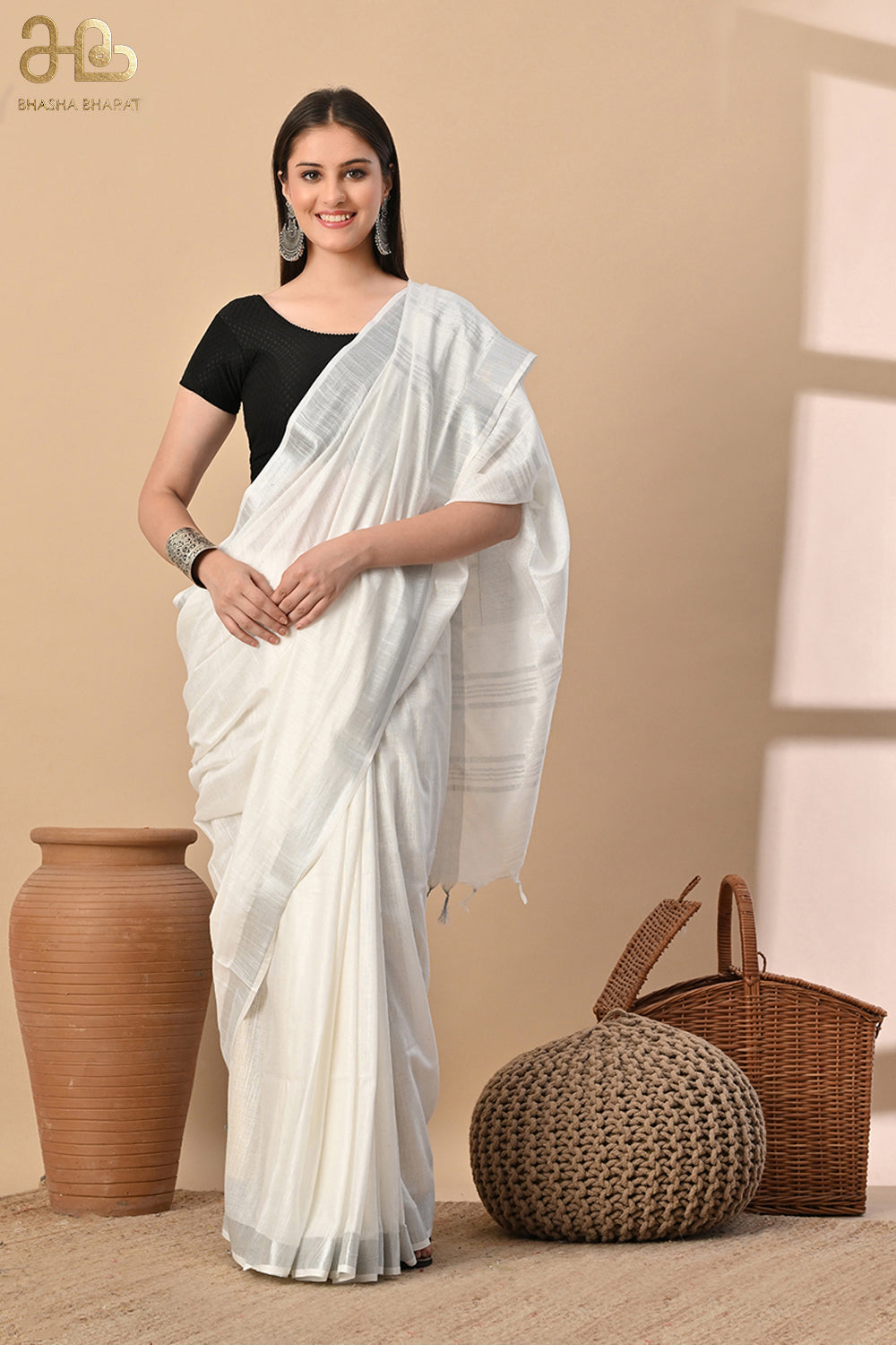 Whispers of White: Ivory Cotton Slub Saree with Silver Thread