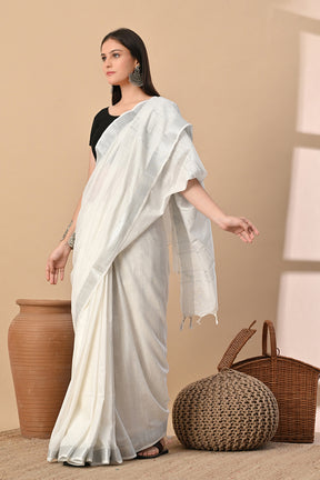 Whispers of White: Ivory Cotton Slub Saree with Silver Thread