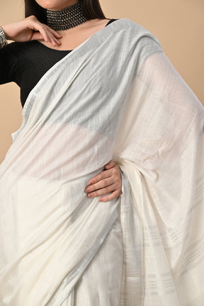 Whispers of White: Ivory Cotton Slub Saree with Silver Thread