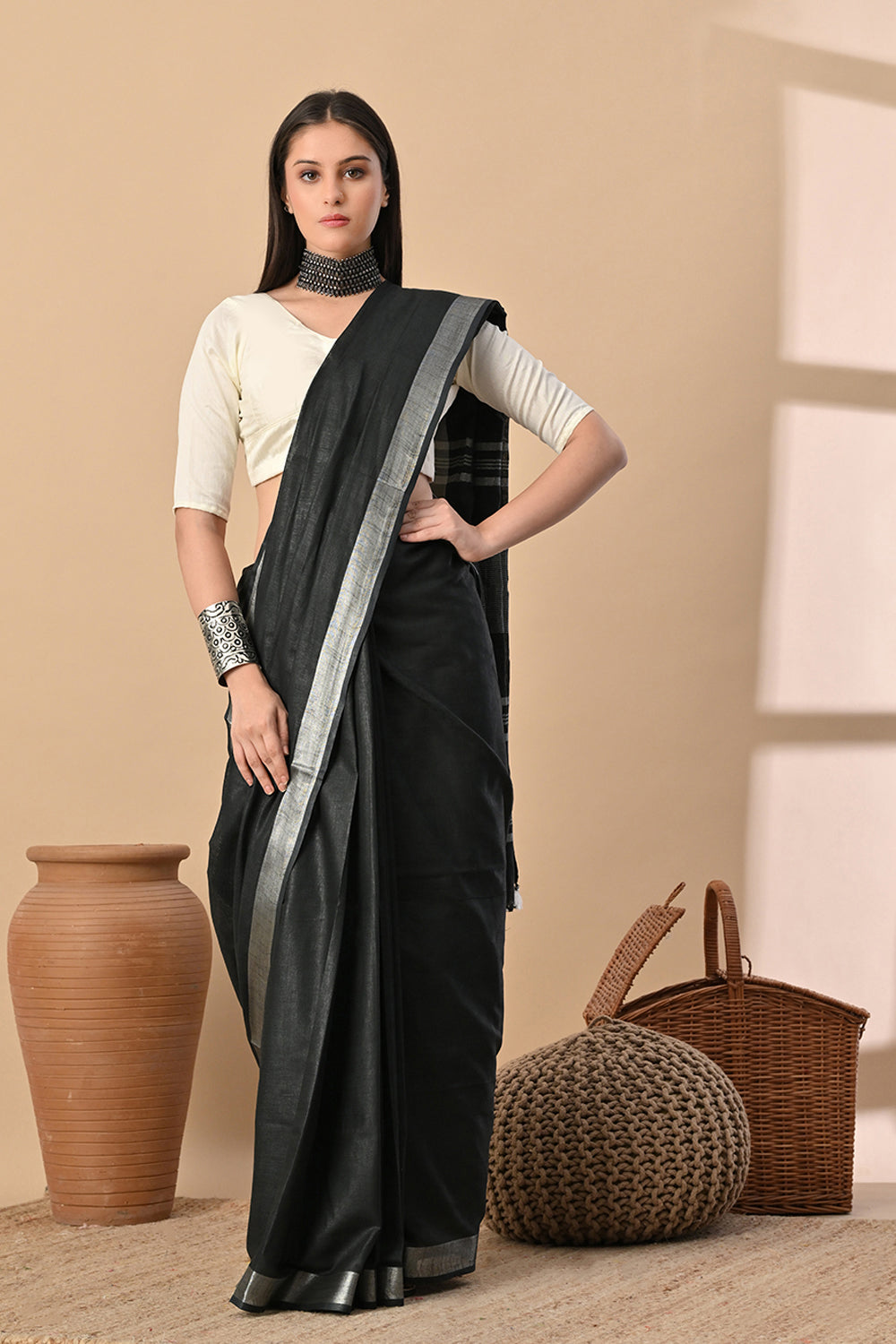 Midnight Serenity: Charcoal Black Cotton Slub Saree with Silver Glimmer