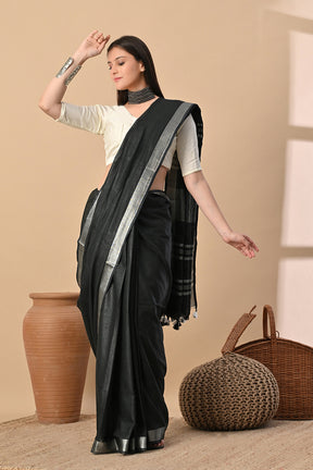 Midnight Serenity: Charcoal Black Cotton Slub Saree with Silver Glimmer