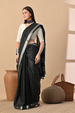 Midnight Serenity: Charcoal Black Cotton Slub Saree with Silver Glimmer