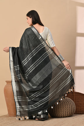 Midnight Serenity: Charcoal Black Cotton Slub Saree with Silver Glimmer