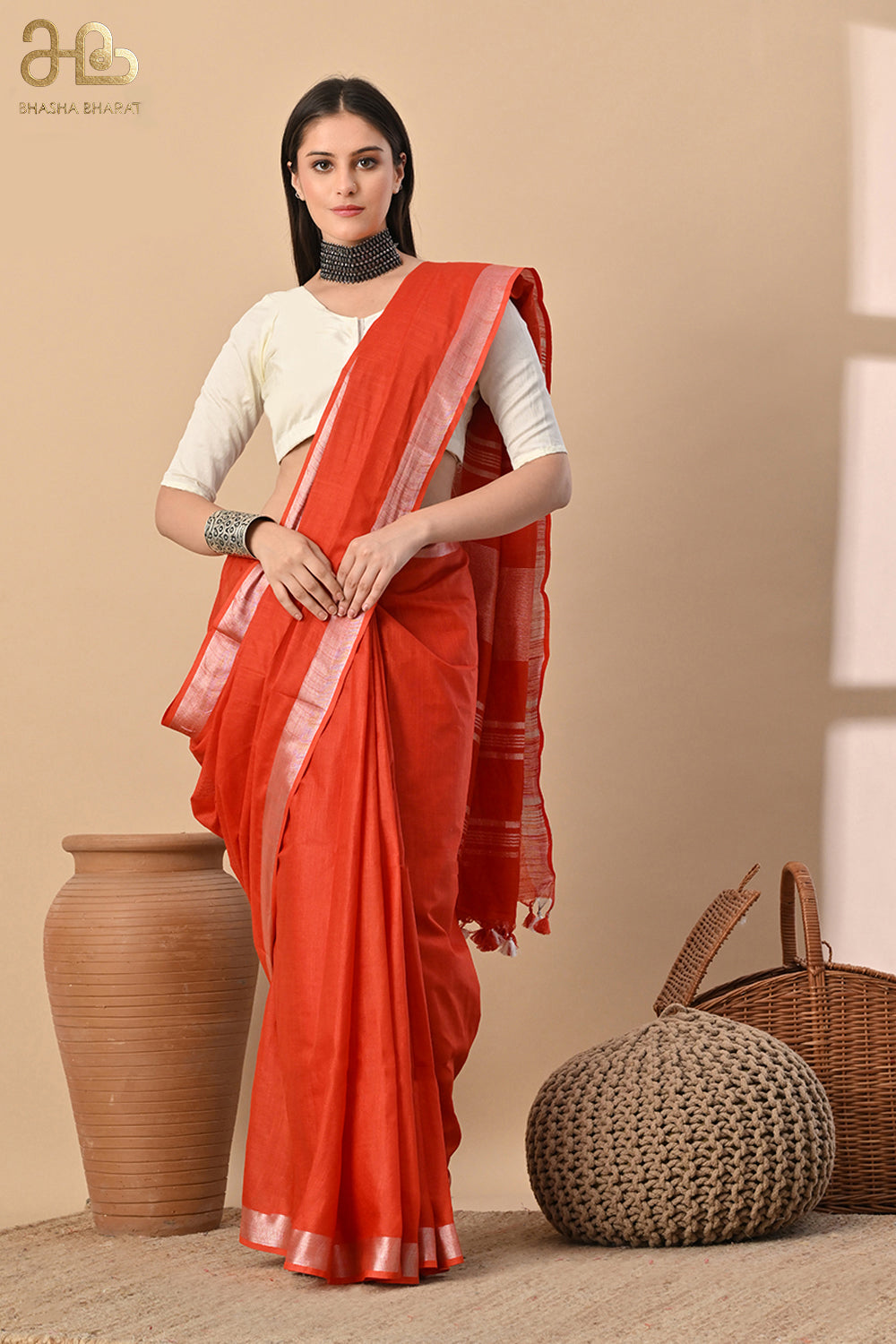 Terracotta Ember – Handwoven Rust Red Cotton Slub Saree with Subtle Zari Detailing