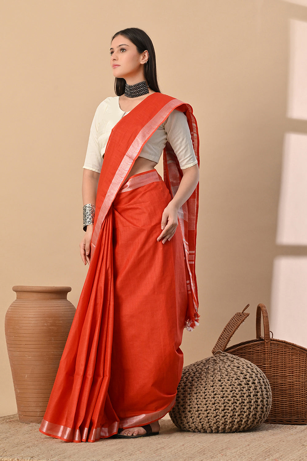 Terracotta Ember – Handwoven Rust Red Cotton Slub Saree with Subtle Zari Detailing
