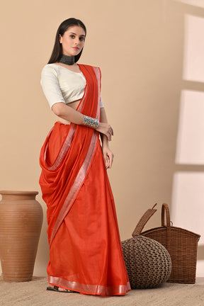 Terracotta Ember – Handwoven Rust Red Cotton Slub Saree with Subtle Zari Detailing