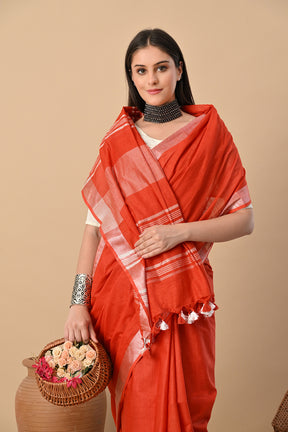 Terracotta Ember – Handwoven Rust Red Cotton Slub Saree with Subtle Zari Detailing