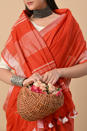 Terracotta Ember – Handwoven Rust Red Cotton Slub Saree with Subtle Zari Detailing