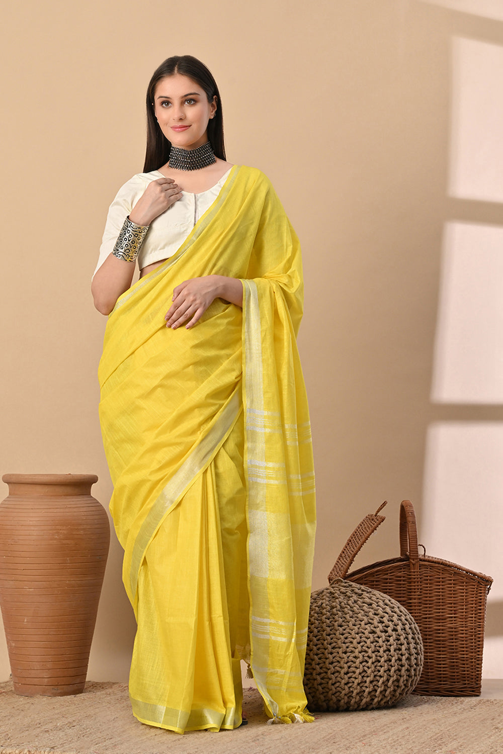 Sunfield Glow – Handwoven Yellow Cotton Slub Saree with Radiant Zari Accents