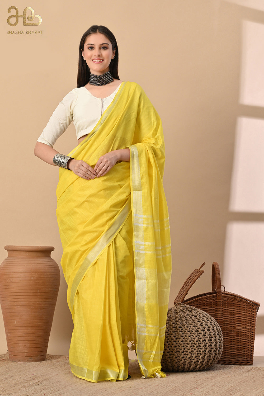 Sunfield Glow – Handwoven Yellow Cotton Slub Saree with Radiant Zari Accents