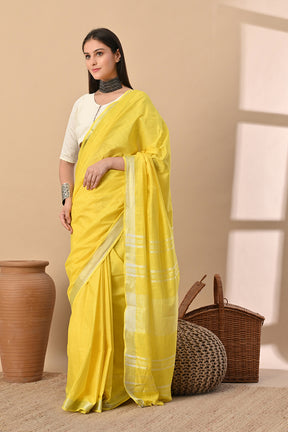 Sunfield Glow – Handwoven Yellow Cotton Slub Saree with Radiant Zari Accents