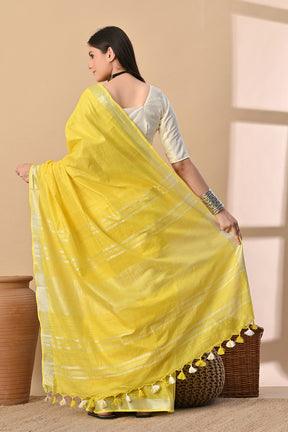 Sunfield Glow – Handwoven Yellow Cotton Slub Saree with Radiant Zari Accents
