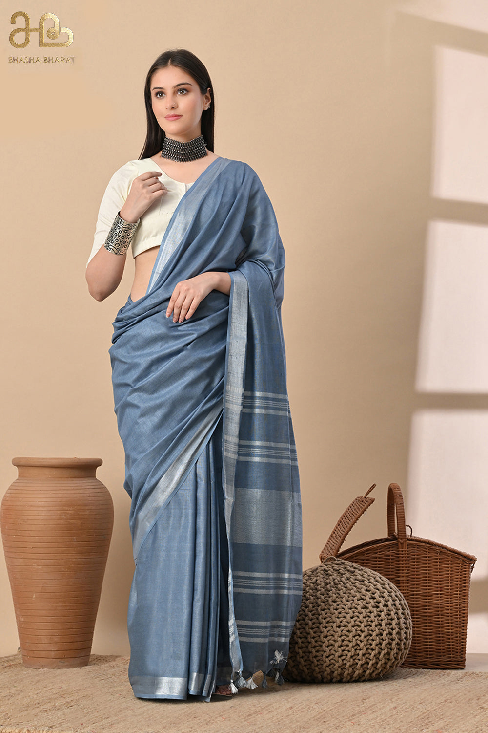 Misty Dusk – Handwoven Blue Cotton Slub Saree with Subtle Silver Shine