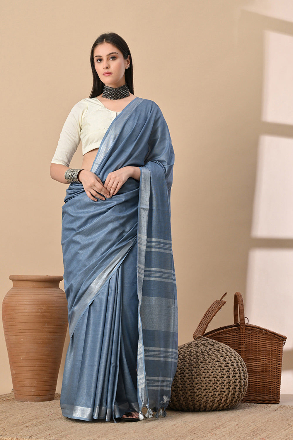 Misty Dusk – Handwoven Blue Cotton Slub Saree with Subtle Silver Shine