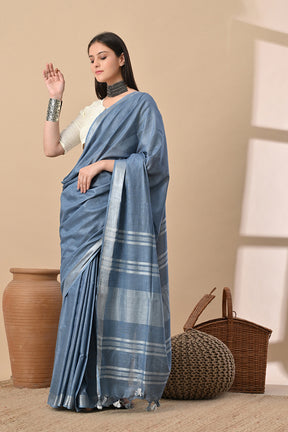 Misty Dusk – Handwoven Blue Cotton Slub Saree with Subtle Silver Shine