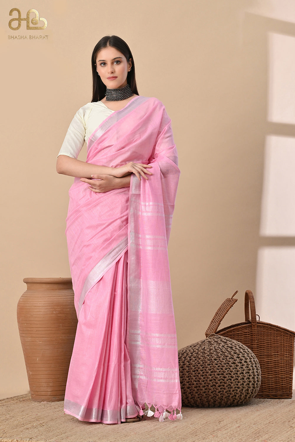 Blush Bloom – Handwoven Cotton Slub Saree with Soft Silver Elegance