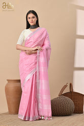 Blush Bloom – Handwoven Cotton Slub Saree with Soft Silver Elegance