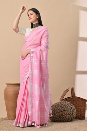 Blush Bloom – Handwoven Cotton Slub Saree with Soft Silver Elegance