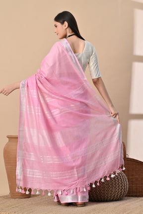 Blush Bloom – Handwoven Cotton Slub Saree with Soft Silver Elegance
