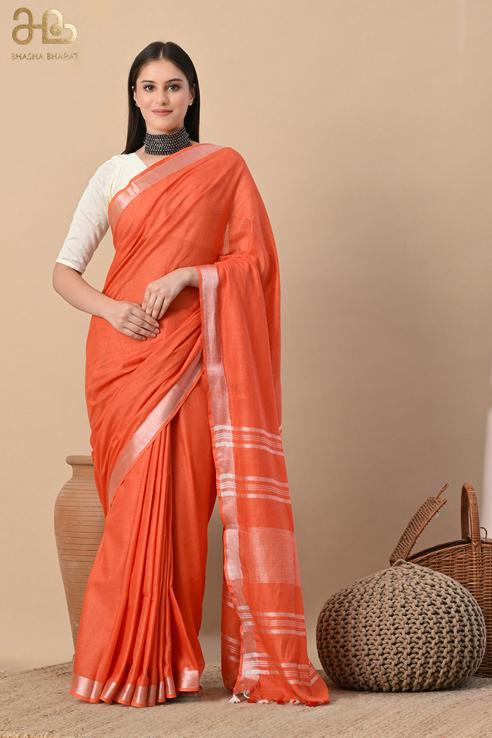 Tangerine Glow – Handwoven Cotton Slub Saree with Subtle Zari Charm