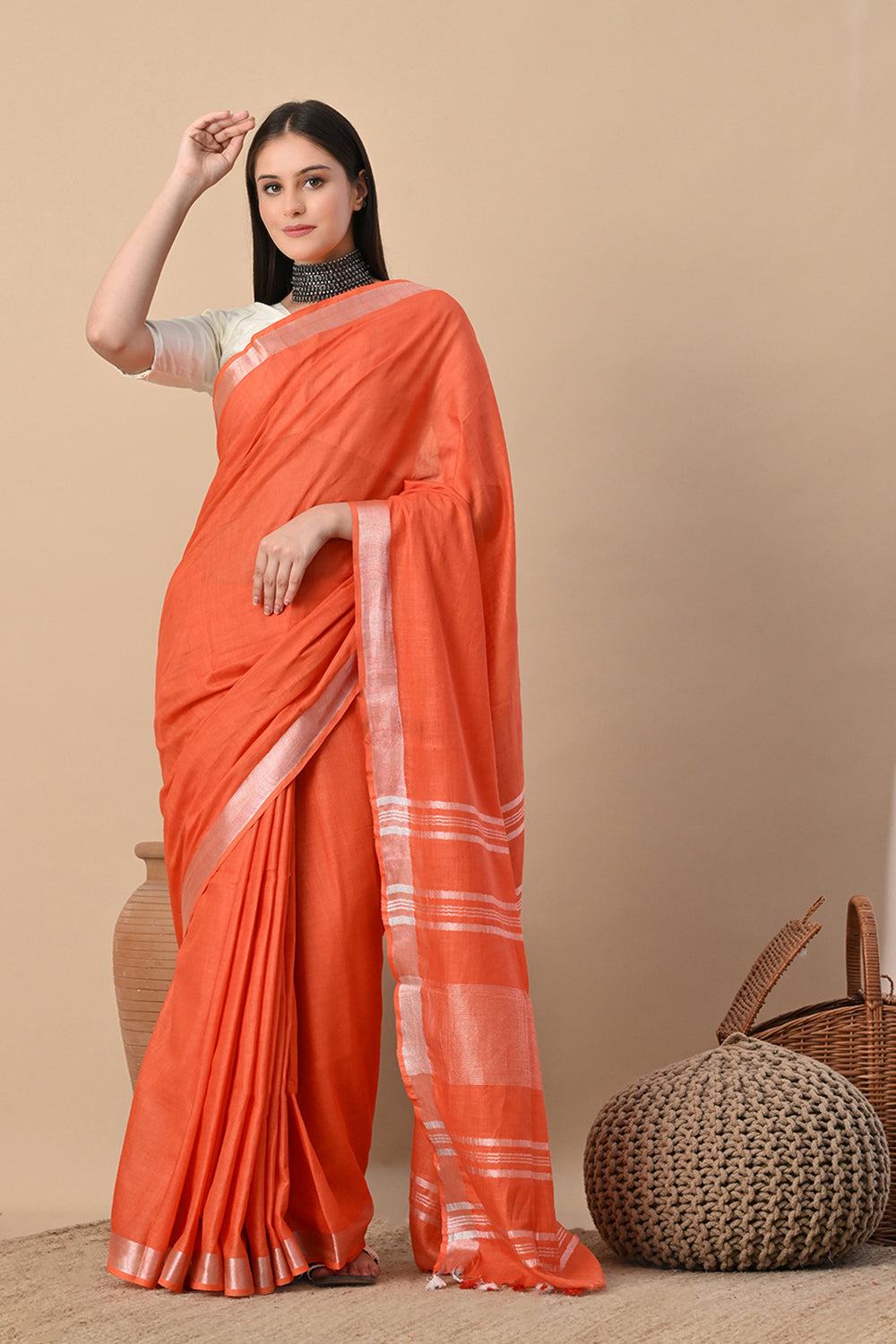 Tangerine Glow – Handwoven Cotton Slub Saree with Subtle Zari Charm