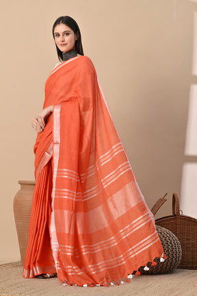 Tangerine Glow – Handwoven Cotton Slub Saree with Subtle Zari Charm