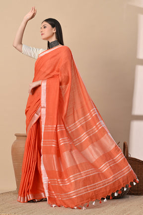 Tangerine Glow – Handwoven Cotton Slub Saree with Subtle Zari Charm