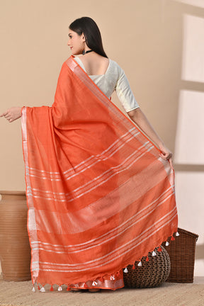 Tangerine Glow – Handwoven Cotton Slub Saree with Subtle Zari Charm