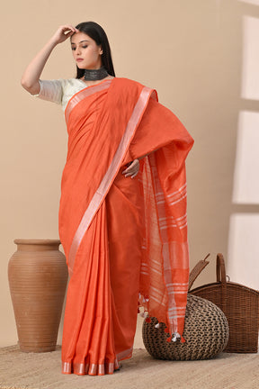 Tangerine Glow – Handwoven Cotton Slub Saree with Subtle Zari Charm