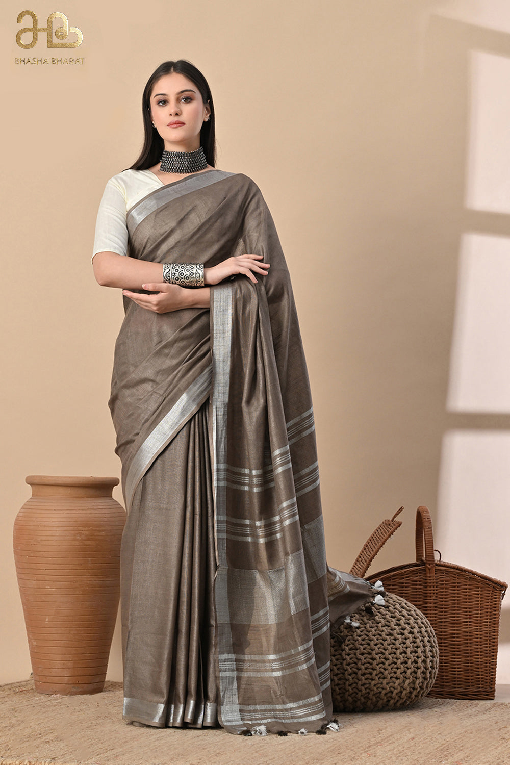 Earthbound Grace – Taupe Brown Cotton Slub Saree with Silver Accents