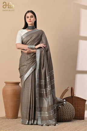 Earthbound Grace – Taupe Brown Cotton Slub Saree with Silver Accents